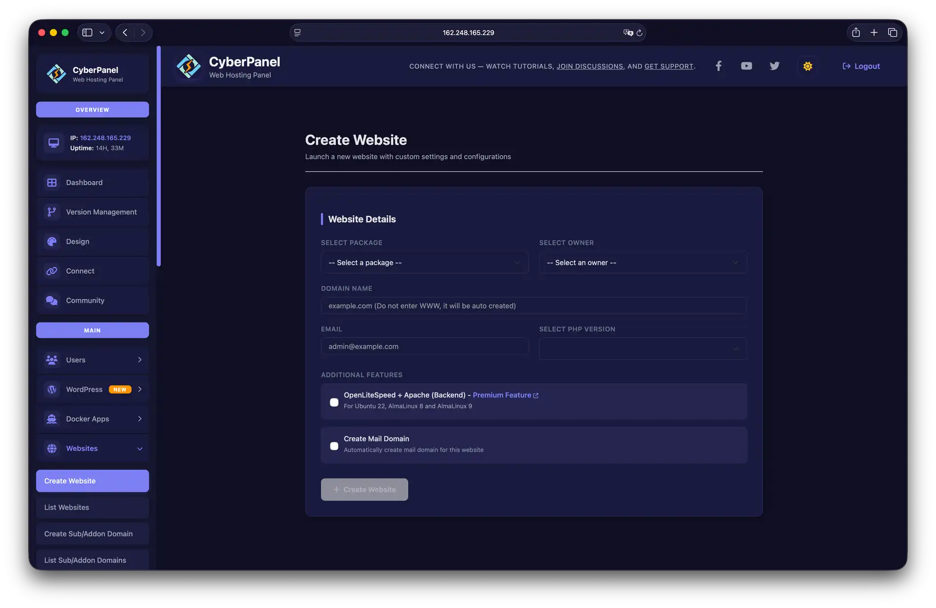 Создание сайта в CyberPanel