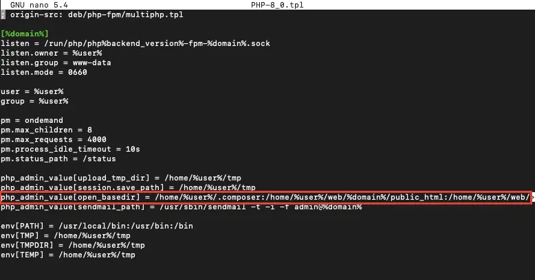Файлы шаблонов PHP-FPM в Hestia CP