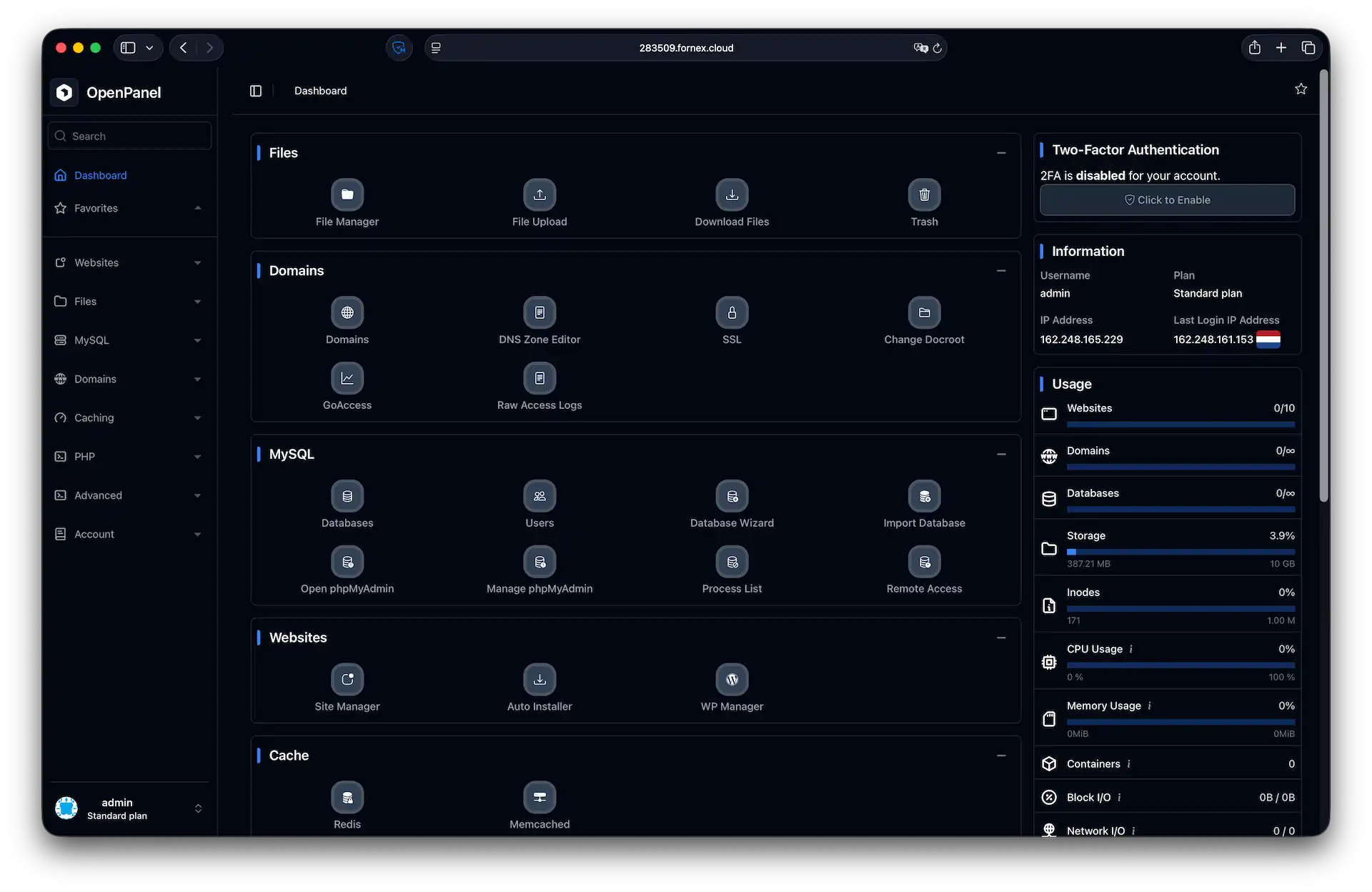 Интерфейс Dashboard в OpenPanel